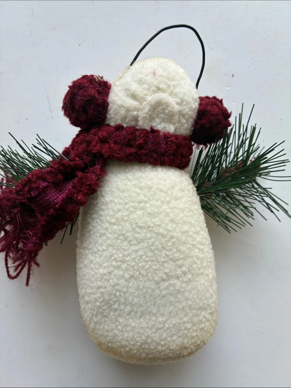 Vintage Handmade Holiday Felt Snowman and Wool Bear Ornaments Set of 2